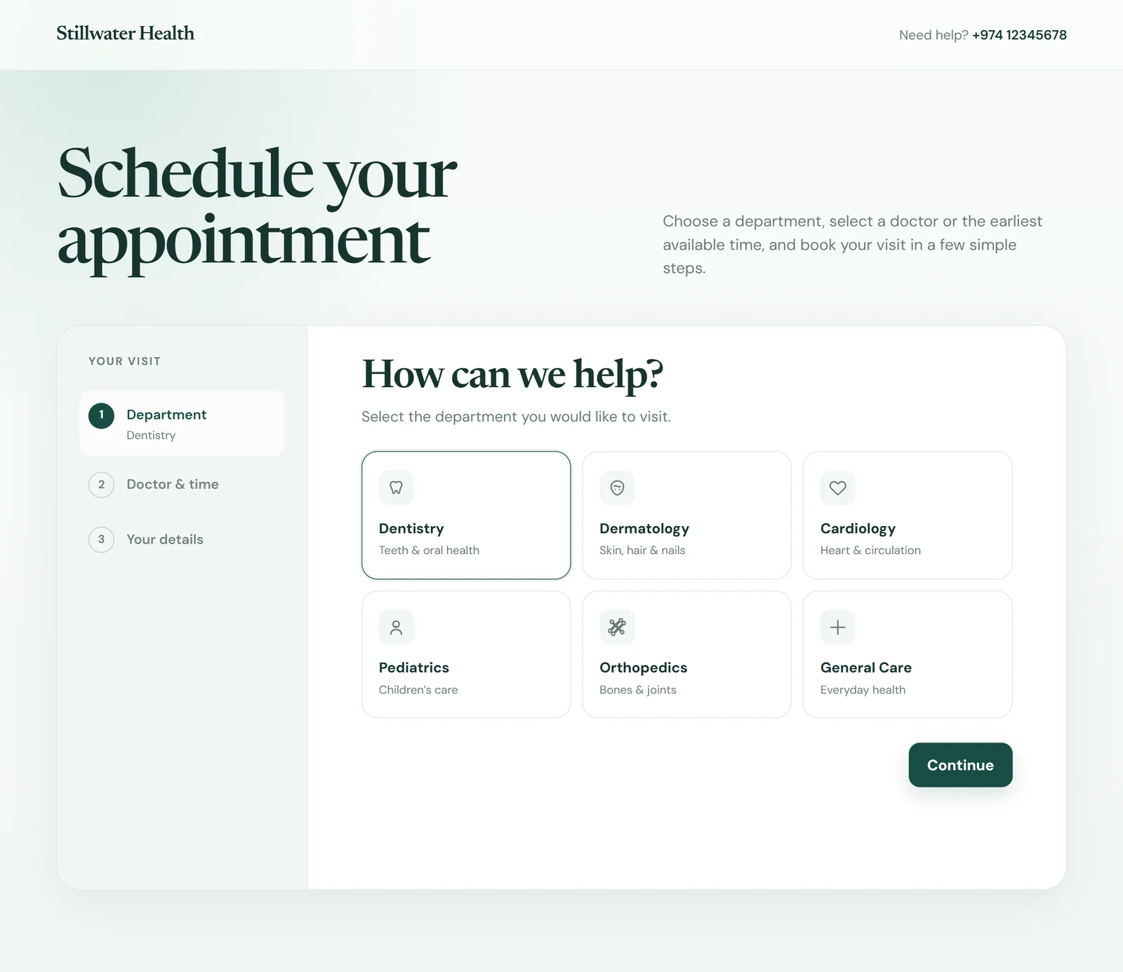 Department selection screen for a booking platform