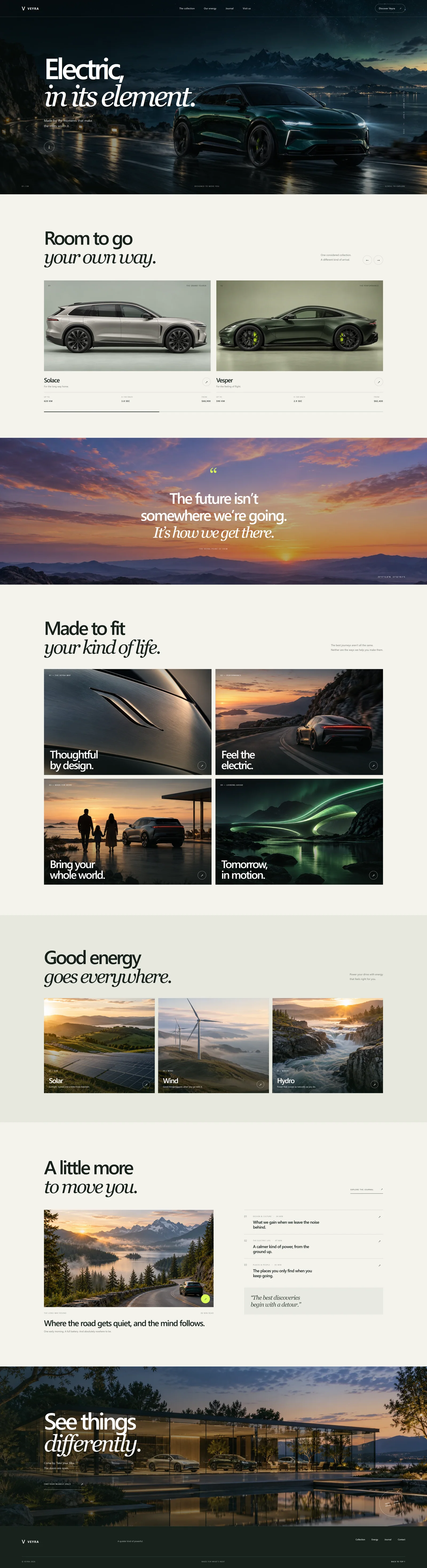 Electric vehicle website design featuring car models and clean energy sections